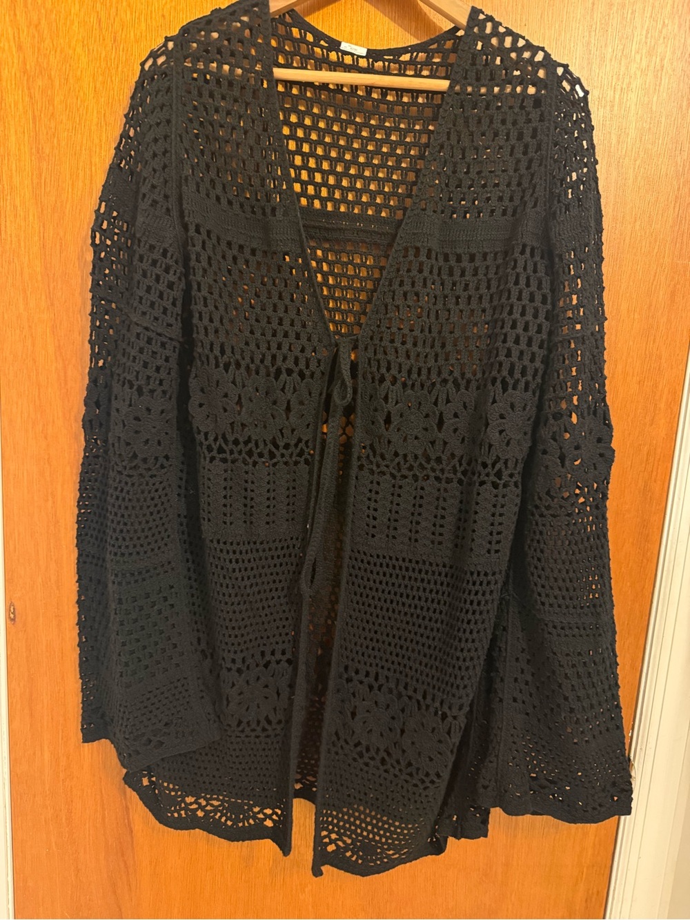 Black Crochet Openwork Women's Sweater Cardigan